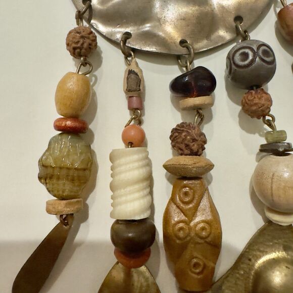 Boho Tribal Statement Necklace Wood Beads Brass Metal Dangles Mixed Media Artsy - Picture 6 of 9